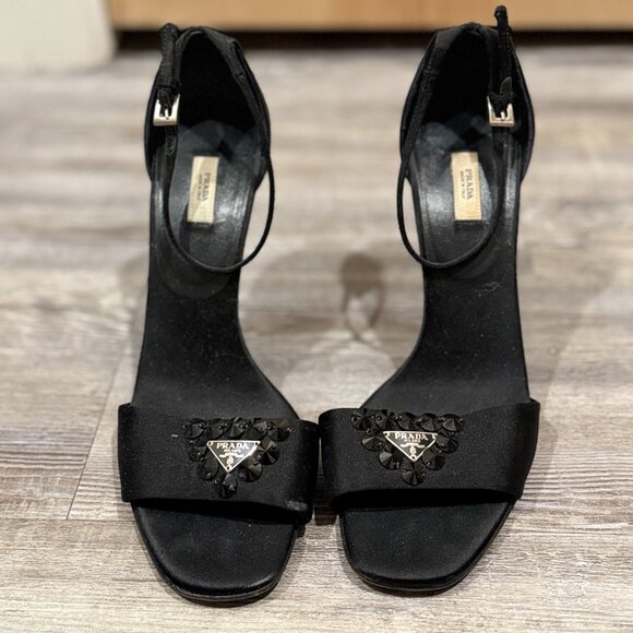 Prada Black Strappy Satin Logo Heels - Picture 1 of 6